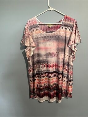 Emerald Pink and Gray Tie-Dye Flutter Sleeve Tunic